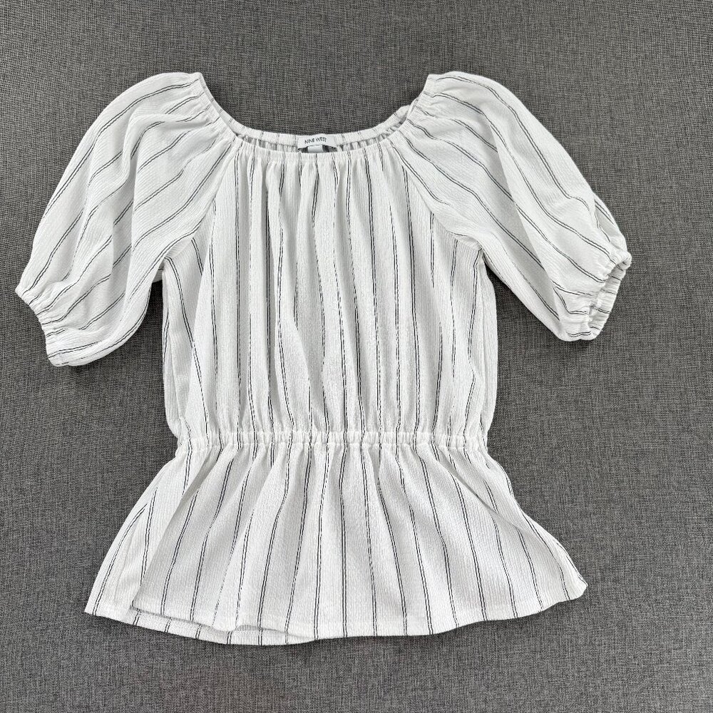 Nine West Peplum Top White Stripes XS stretchy Gently Used 1/2 Sleeves Blouse